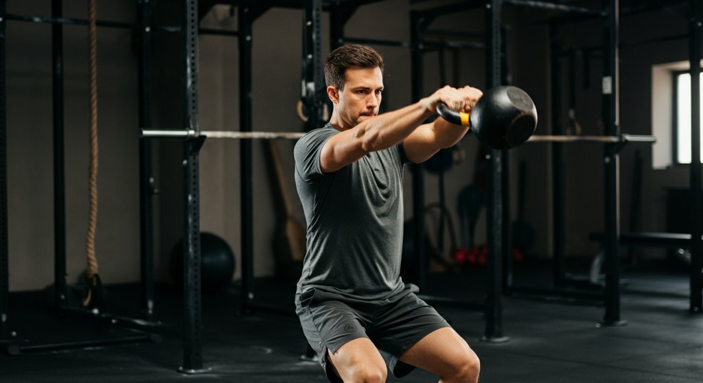 Athlet führt Kettlebell Swing im Fitnessstudio als Teil eines Crosstraining-Workouts aus