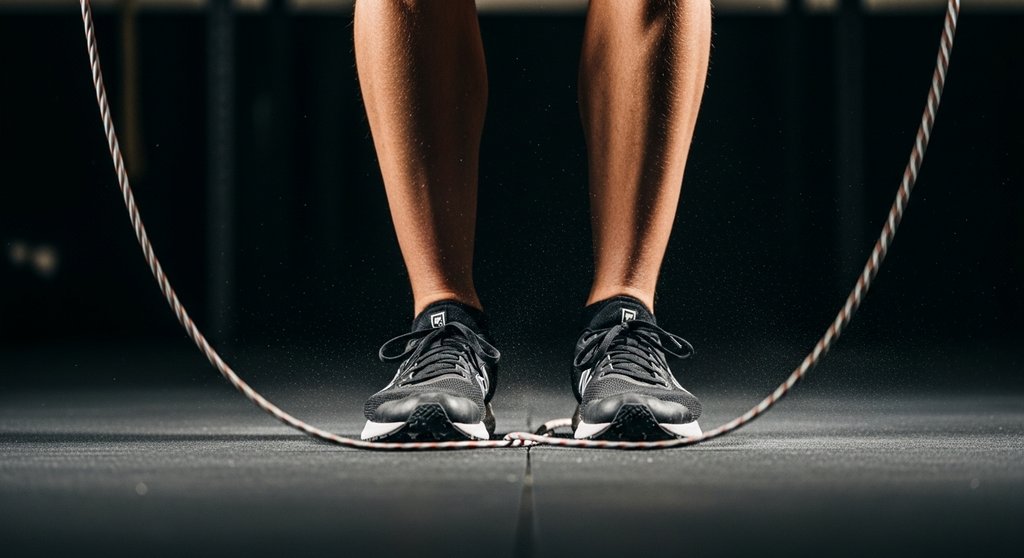 Athlet führt schnelle Double Unders im CrossFit Benchmark WOD Annie mit hoher Konzentration aus.