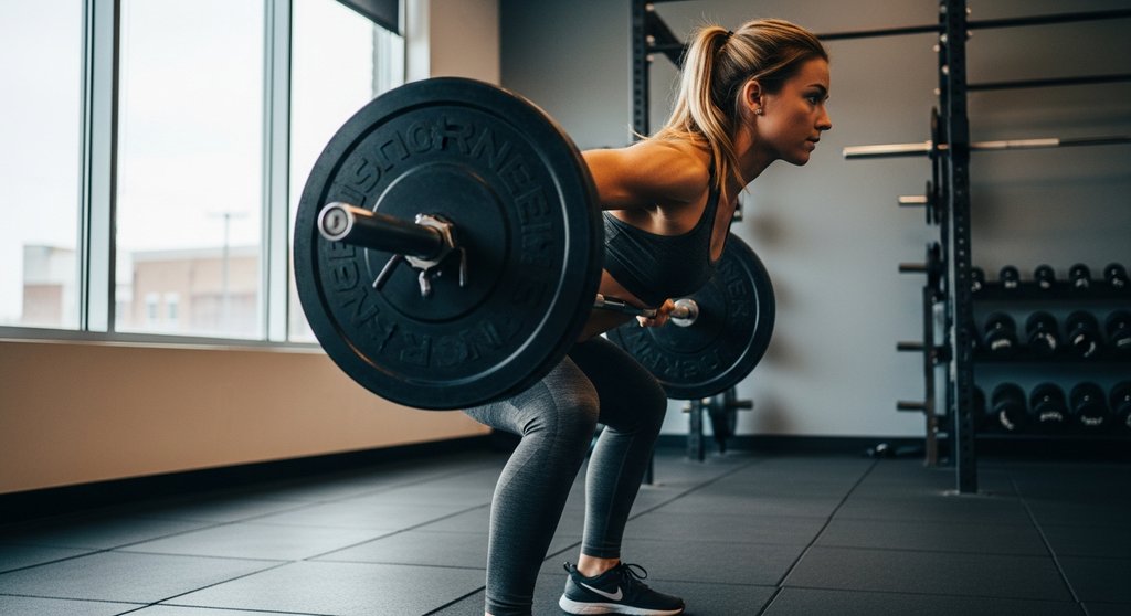 Athletin beim schweren Kreuzheben, einer Schlüsselübung im Powerbuilding Trainingsplan.