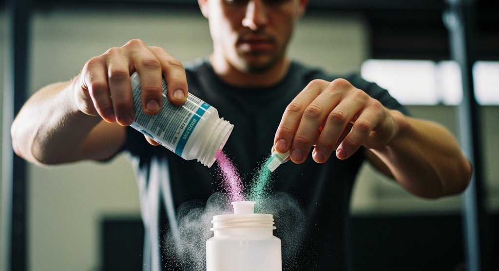 Athlet füllt nach dem Training wichtige Elektrolyte in eine Trinkflasche, um die Regeneration zu unterstützen.