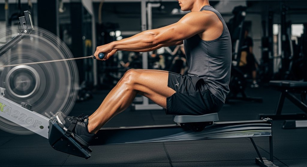 Optimale Rudertechnik: Athlet im Crosstraining nutzt kraftvollen Beinstoß in der Drive-Phase.