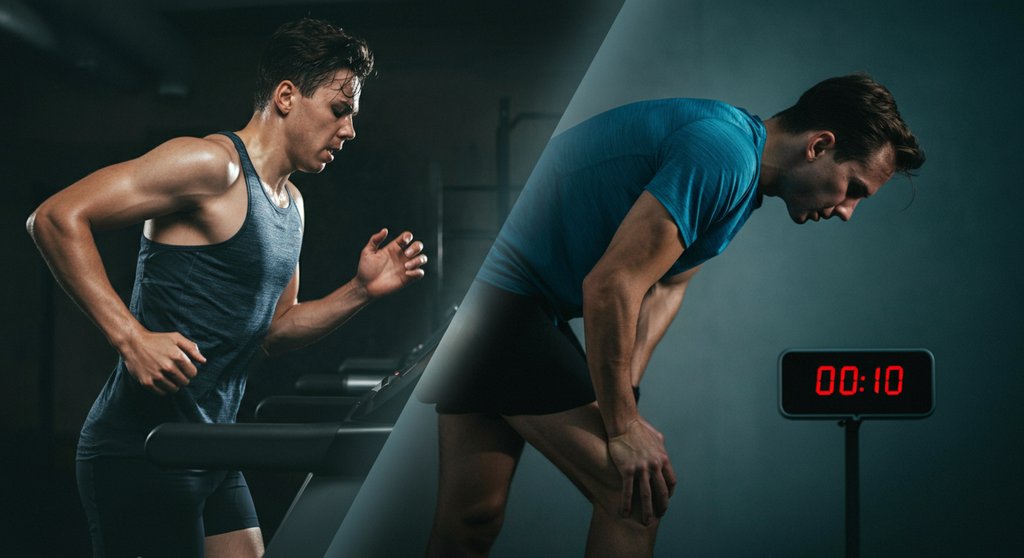 Athlet in einem Tabata Workout, das die 20-Sekunden Belastung und 10-Sekunden Pause erklärt.
