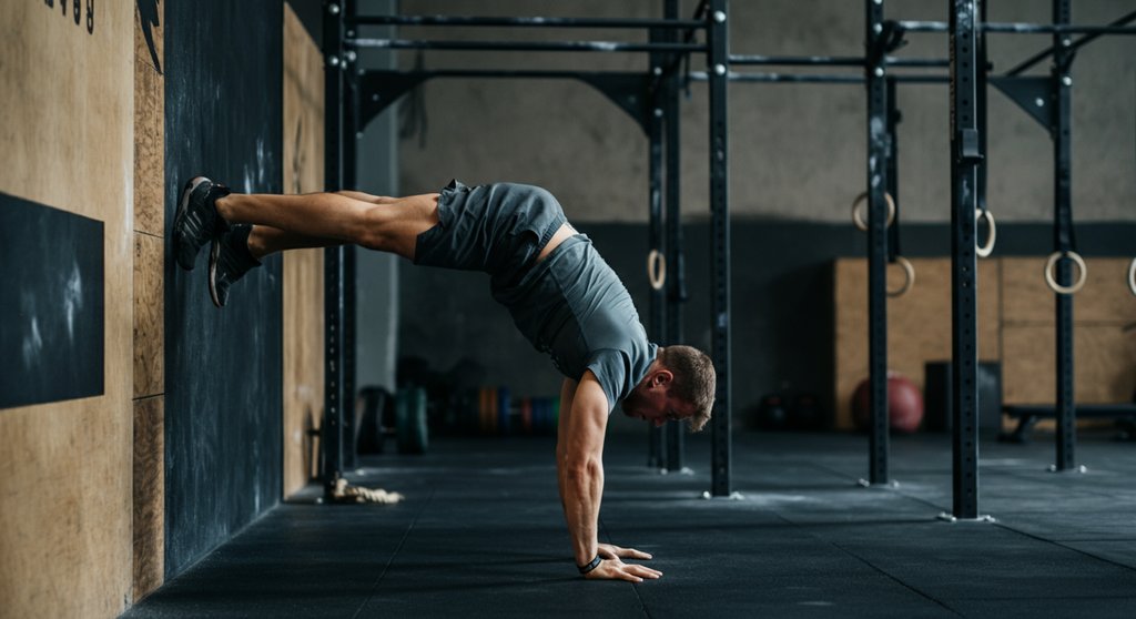 Athlet in gerader Linie beim Handstand Hold an der Wand, eine Basisübung für den Handstand Walk.