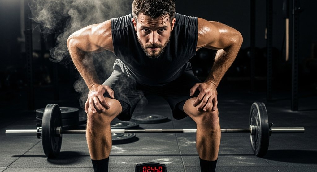 Erschöpfter Athlet stoppt seine Zeit nach einem 'For Time' Crosstraining WOD.