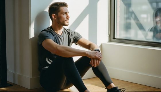 Athlet macht eine regenerative Pause nach dem HIIT-Training und blickt nachdenklich aus dem Fenster.