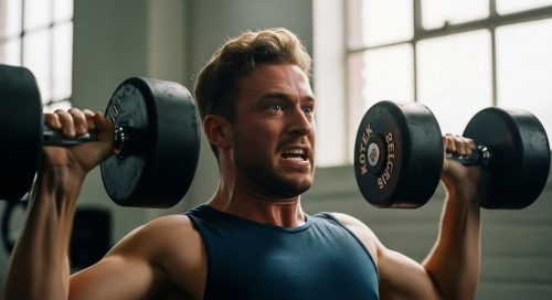 Athlet mit fokussiertem Blick beim Krafttraining mit Hanteln nach einem Bro Split Trainingsplan.
