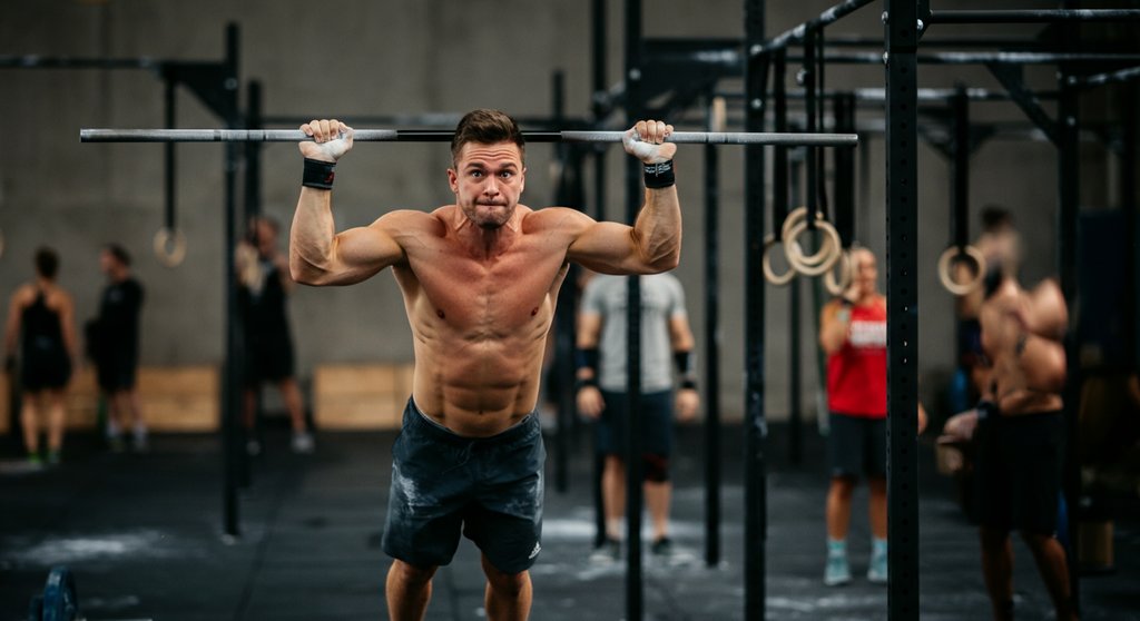 Athlet mit verbesserter Körperzusammensetzung durch Paleo Ernährung meistert einen Muscle-Up.