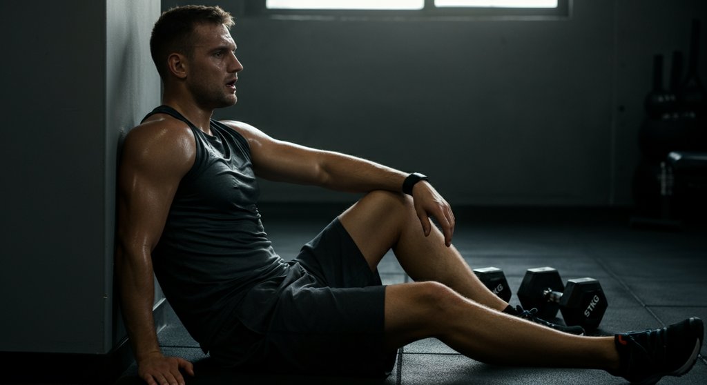 Athlet nach einem anstrengenden HIIT mit Kurzhanteln Workout.