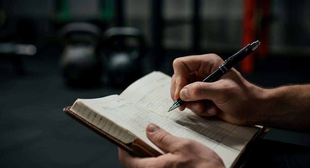 Athlet notiert diszipliniert Trainingsdaten in sein Logbuch zur Fortschrittskontrolle.