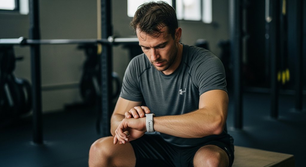 Athlet prüft während einer HIIT-Pause seine Smartwatch zur Trainingssteuerung. | A focused male athlete in his early 30s, sitting on a plyo box in a dimly lit, functional gym. He's looking at his unbranded smartwatch during a rest period, brow furrowed in concentration. Visible sweat on his forehead and arms. The shot is a candid medium shot, with a shallow depth of field blurring the gym equipment in the background. The lighting is dramatic but natural, coming from a high window. Shot on 35mm film, muted tones, visible film grain, Kodak Portra 400 style.