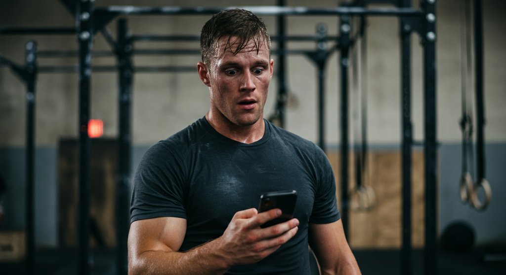 Athlet schaut überrascht auf sein Smartphone mit einem Crosstraining WOD Generator