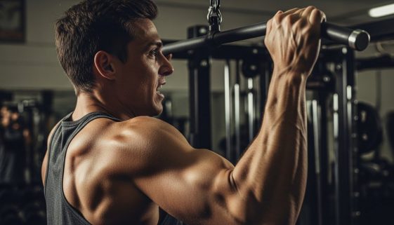Athlet zeigt intensive Konzentration bei einem Klimmzug im Rahmen seines 2er Split Push Pull Trainingsplans.