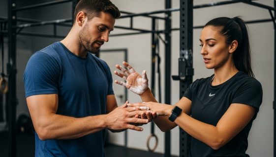 Athlet zeigt seine gepflegten Hände, um offene Hände beim Crosstraining zu vermeiden.