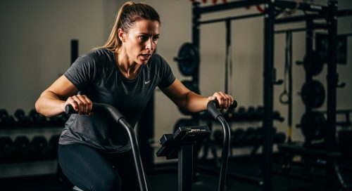 Athletin bei einem intensiven HIIT Workout am Assault Air Bike für maximale Fitness.
