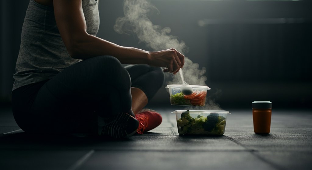 Athletin bereitet nach dem Training eine gesunde Mahlzeit als Teil der Regeneration im 5-Tage-Trainingsplan vor.