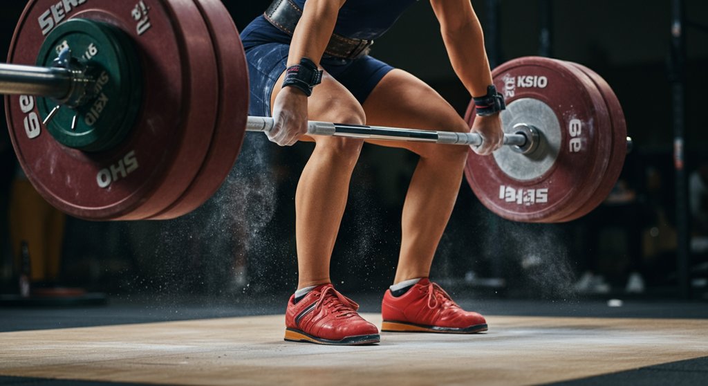 Athletin führt Clean & Jerk mit Gewichtheberschuhen für maximale Stabilität aus