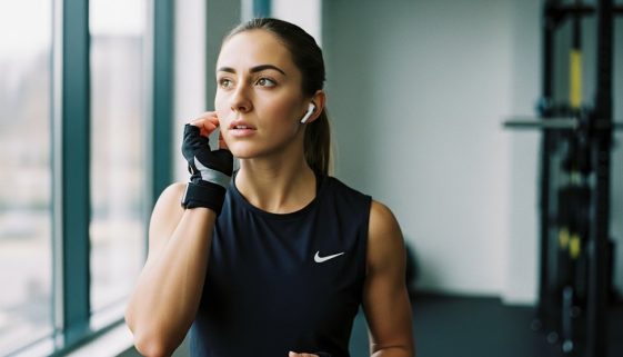 Athletin konzentriert sich vor ihrem Intervalltraining und plant ihr Mahlzeiten-Timing.