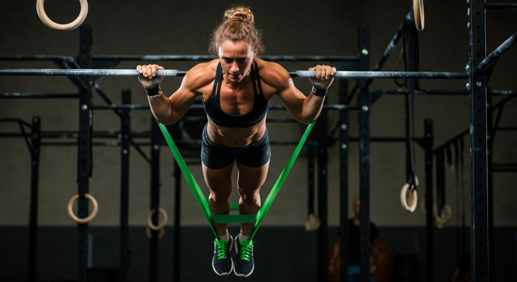 Athletin übt den Muscle Up mit einem Widerstandsband