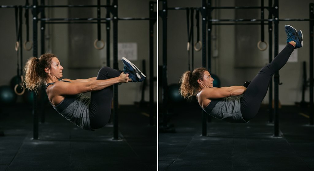 Athletin zeigt die Hollow Body und Arch Position des Kipping Pull Up.