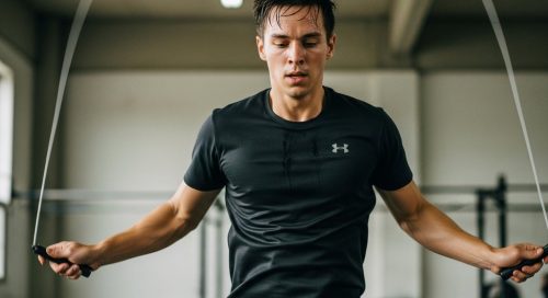 Athletische Person bei einem intensiven HIIT Springseil Workout in einem Gym.