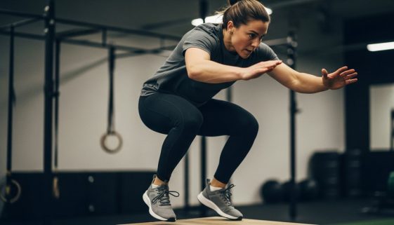 Athletische Person bei einer plyometrischen HIIT Übung, einem Box Jump.