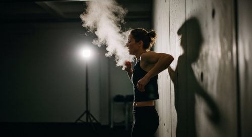 Athletische Person erholt sich nach einem intensiven HIIT-Training; der EPOC-Nachbrenneffekt wird visualisiert.