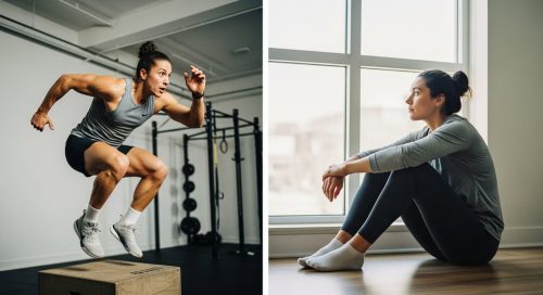 Athletische Person in einer Gegenüberstellung von intensivem HIIT-Training und ruhiger Regeneration.