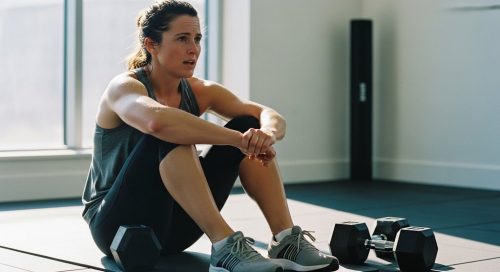 Athletische Person macht nach einem intensiven HIIT Workout mit Kurzhanteln eine Pause.