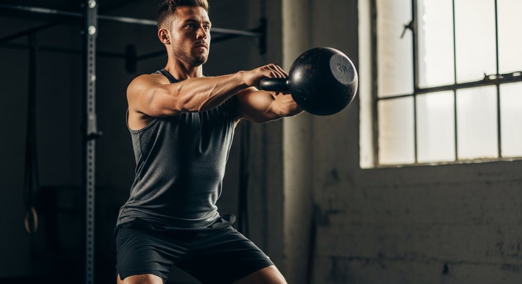 Mann nutzt Kettlebell Swings im HIIT-Training, um den HIIT EPOC Effekt zu steigern.