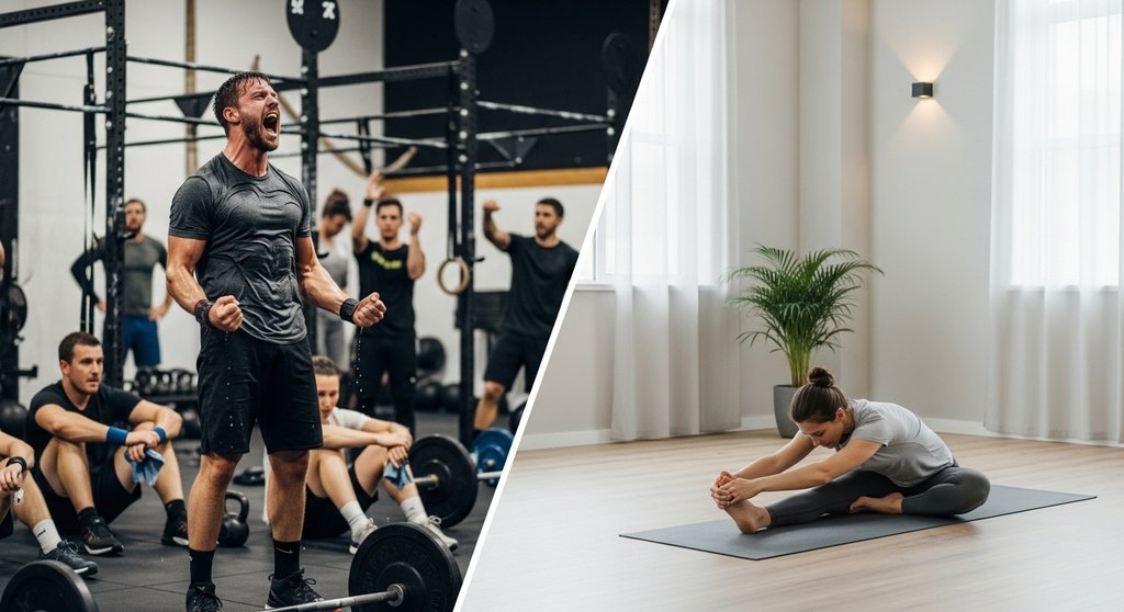 Vergleich zwischen energiegeladener CrossTraining-Community und ruhigem Einzeltraining im Fitnessstudio.