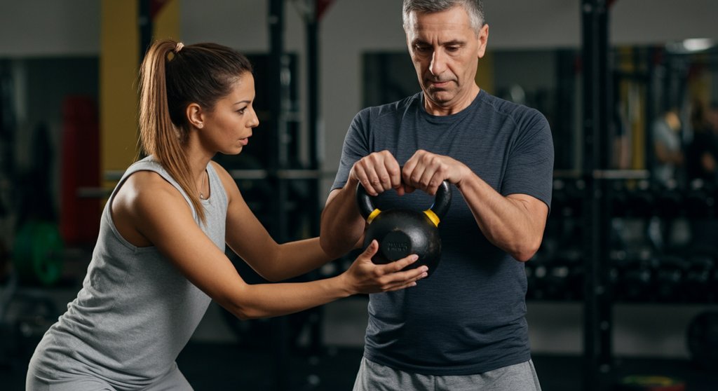 Coach erklärt einem Anfänger eine skalierte Crosstraining Übung