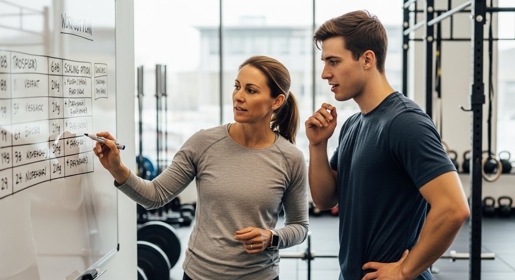 Crosstraining Coach erklärt Athleten das richtige Skalieren einer Übung am Whiteboard in der Box.