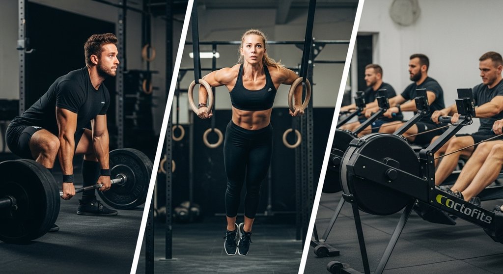 Collage mit Athleten bei verschiedenen Crosstraining Übungen wie Gewichtheben, Gymnastik und Ausdauer.