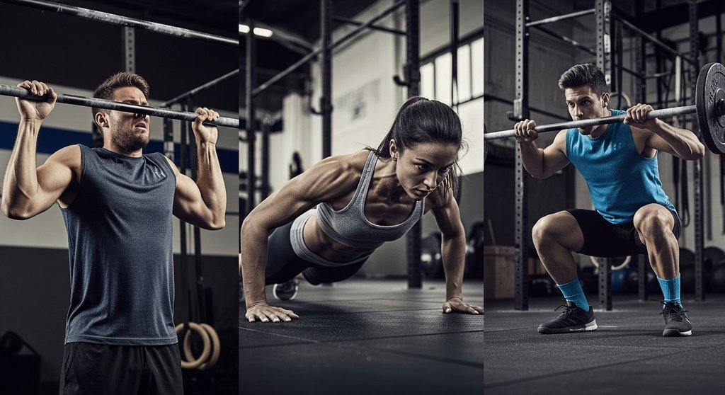 Collage mit Athleten bei typischen Übungen der Girl WODs wie Pull-ups und Deadlifts.