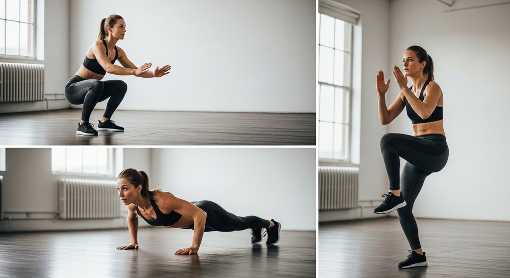 Collage mit Crosstraining Übungen für zuhause ohne Geräte: Squat, Push-up, High Knees.