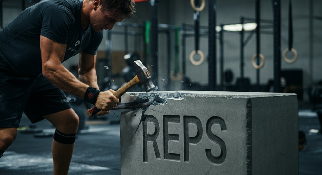 CrossFit-Athlet meißelt symbolisch Wiederholungen bei einem Chipper Workout ab.