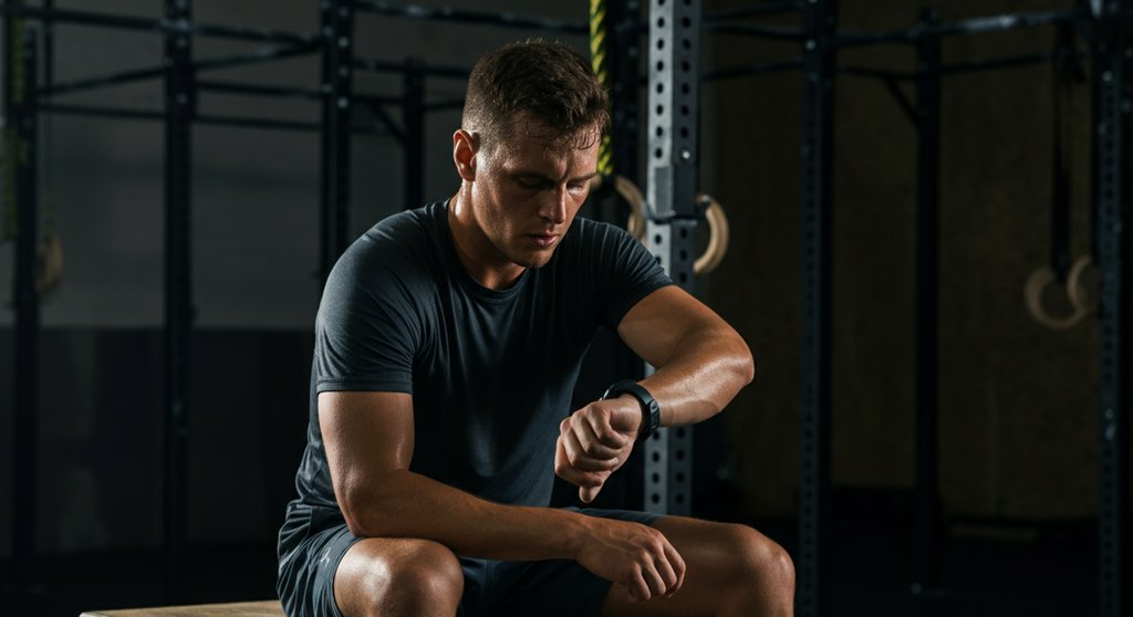 Crosstraining Athlet analysiert Leistungsdaten auf seiner Pulsuhr nach dem Workout.