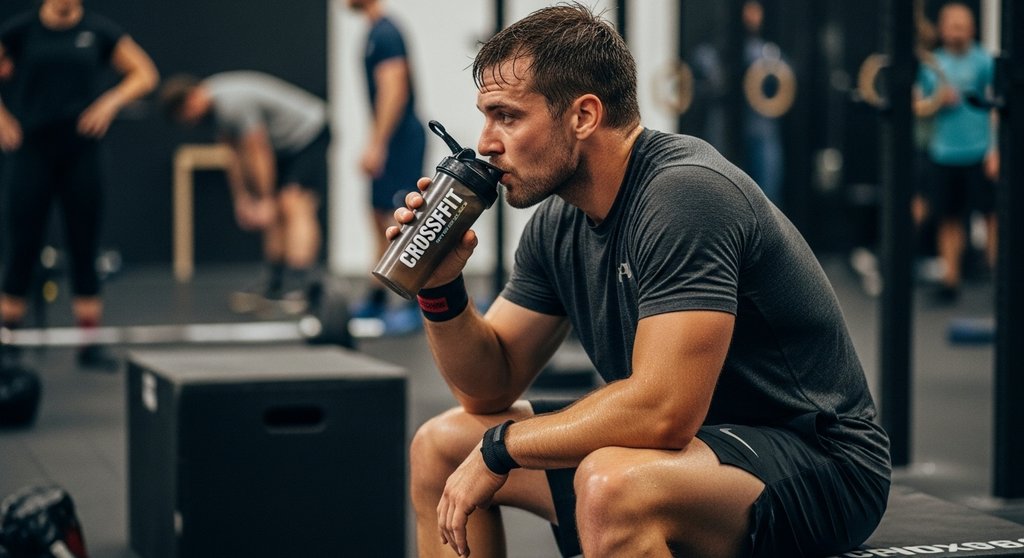 CrossTraining-Athlet fördert mit einem Shake die Regeneration, unterstützt durch Kreatin.