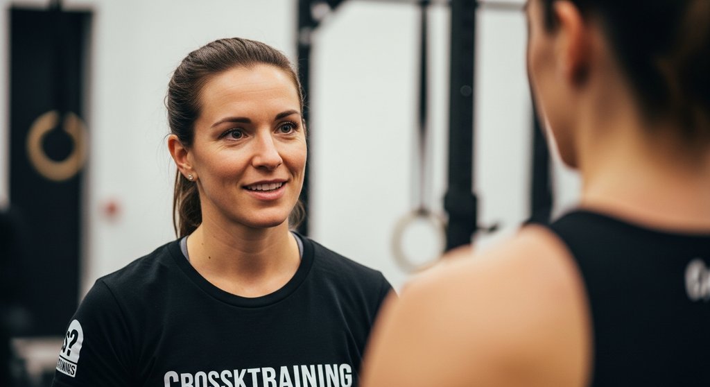 Eine Trainerin erklärt einer Anfängerin eine Übung beim Crosstraining für Frauen.