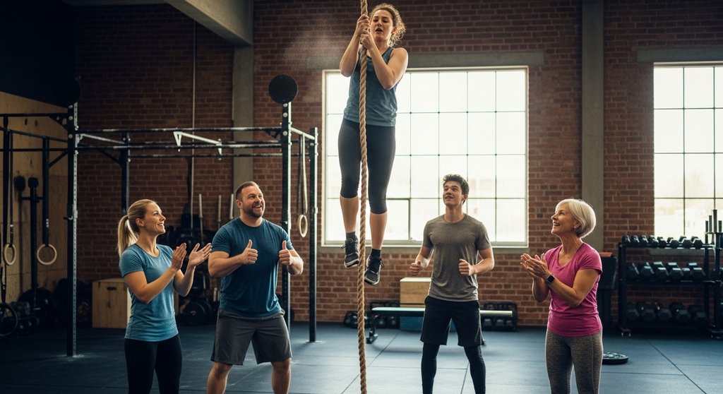 Eine motivierende Crosstraining-Community feuert einen Athleten bei einem WOD für Anfänger an.