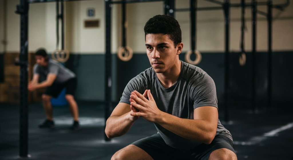 CrossTraining Einsteiger übt im ersten Monat konzentriert die richtige Technik einer Kniebeuge.