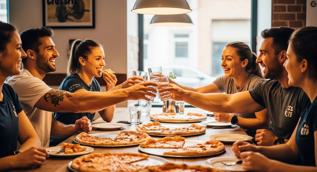 CrossTraining-Team feiert einen erfolgreichen Cheat Day mit Pizza nach dem Training.