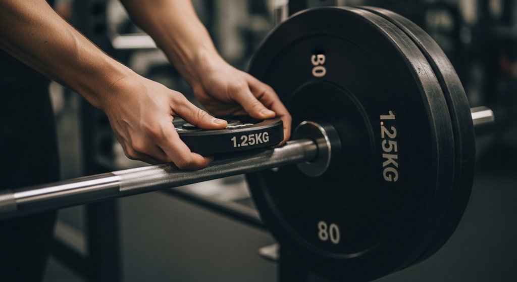 Progressive Steigerung im 5x5 Trainingsplan durch das Hinzufügen kleiner Hantelscheiben.