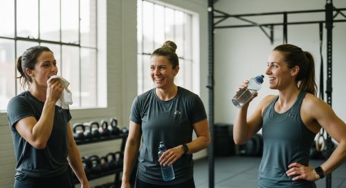 Drei Frauen machen eine Pause beim Crosstraining in einer CrossFit Box und lachen.