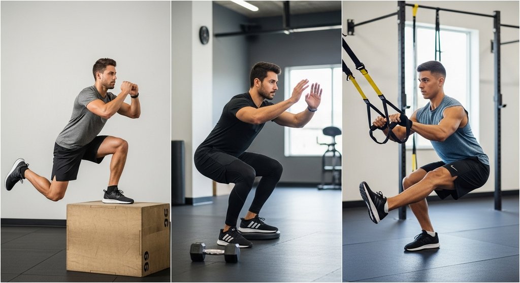Übersicht der 3 Progressionsübungen für den Pistol Squat: Box Squat, Fersenerhöhung & mit Hilfe.