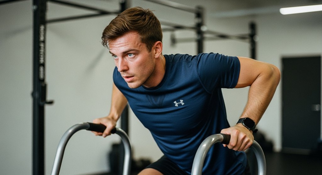Fokussierter Athlet macht die HIIT Core Übung Mountain Climber im Fitnessstudio.