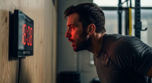Ein Athlet absolviert ein intensives AMRAP HIIT Workout und schaut konzentriert auf den Timer.