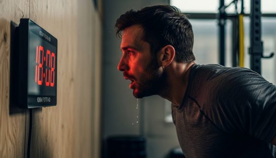 Ein Athlet absolviert ein intensives AMRAP HIIT Workout und schaut konzentriert auf den Timer.