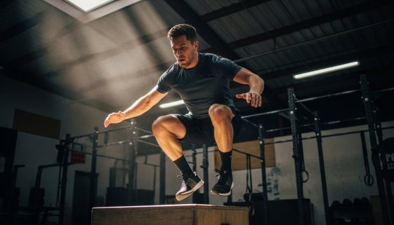 Ein Athlet absolviert einen Box Jump im Rahmen seines Crosstraining Trainingsplans für 5 Tage pro Woche.