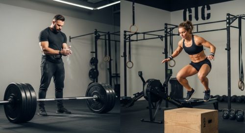 Ein Athlet beim Powerlifting im Vergleich zu einer Athletin beim Crosstraining.